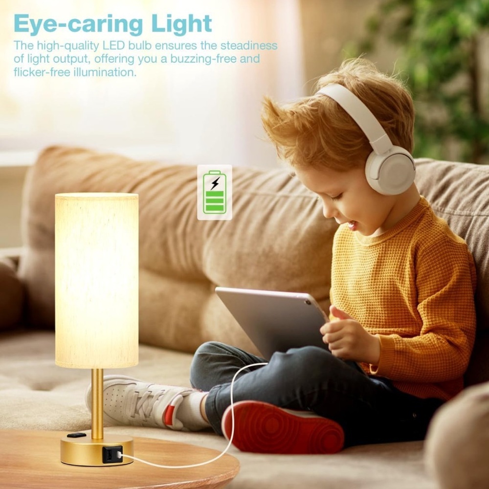 Gold 3 Way Dimmable Nightstand Lamp with Charging Ports - Picture 3 of 6